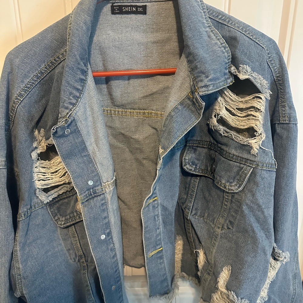 SHEIN Blue Distressed Denim Jacket